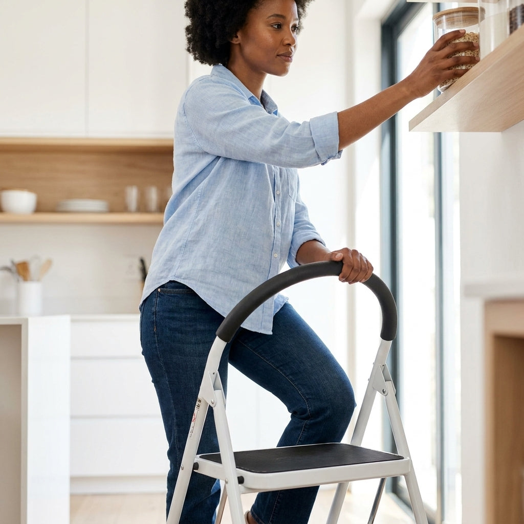Modern 3-Step Folding Steel Stool with Storage Shelf