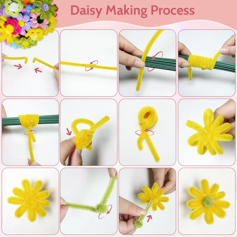 500PCS 20-Color Chenille Stem Pipe Cleaner DIY Fake Flower Craft Kit with Floral Tape, Wire, Stems & Glue - Craft Supplies for Adults, Decor for DIY Bouquet Arrangement, Decoration Bouquet Projects