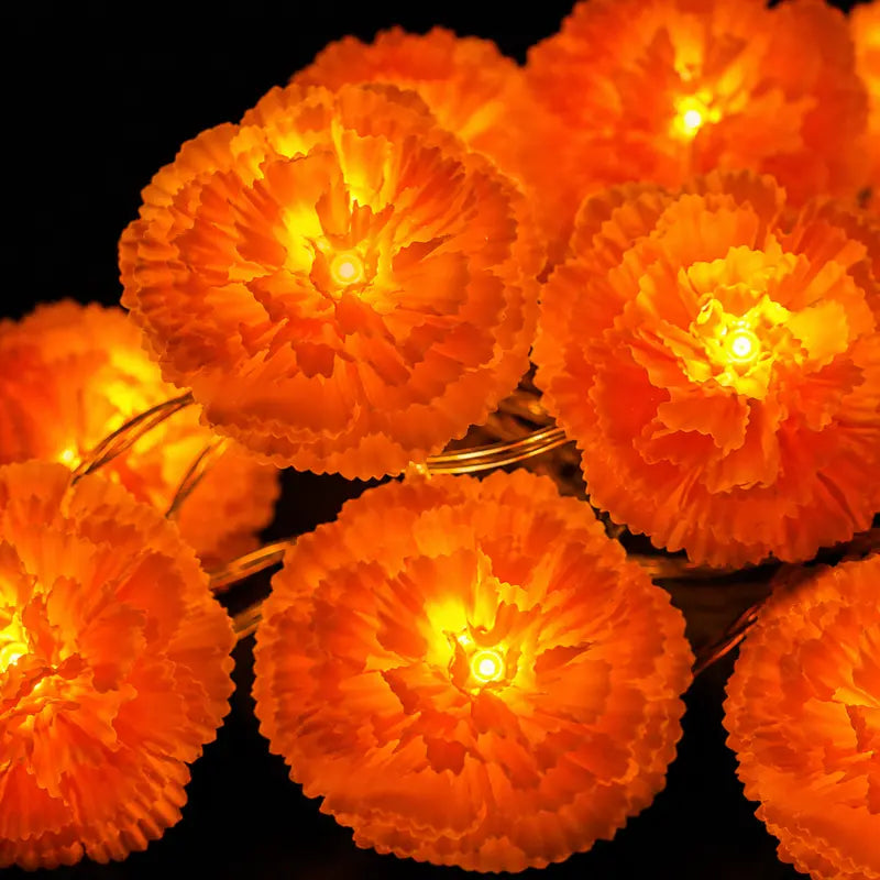 3M Battery-Powered Orange Cempasuchil (Mexican Marigold) Flower LED String Lights, 20-Flashing Garland Great for Day of the Dead Altars, Fall Decor Home, Porch Decor
