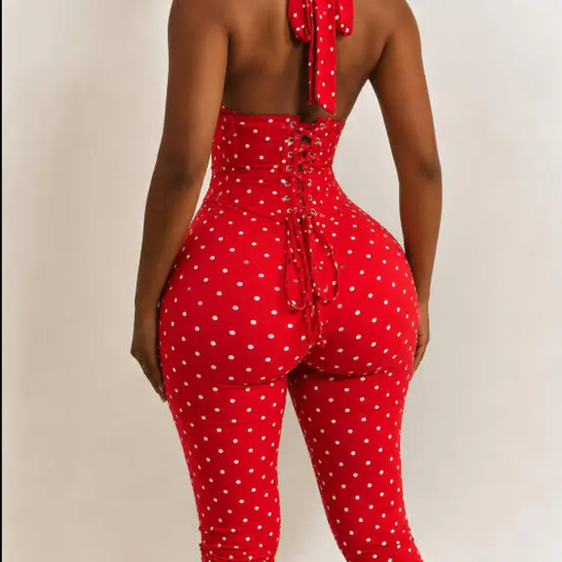 Women’S Seamless Polka Dot Shapewear Halter Bodysuit 2-Piece Set, Tummy Control & Butt Lift Waist Trainer