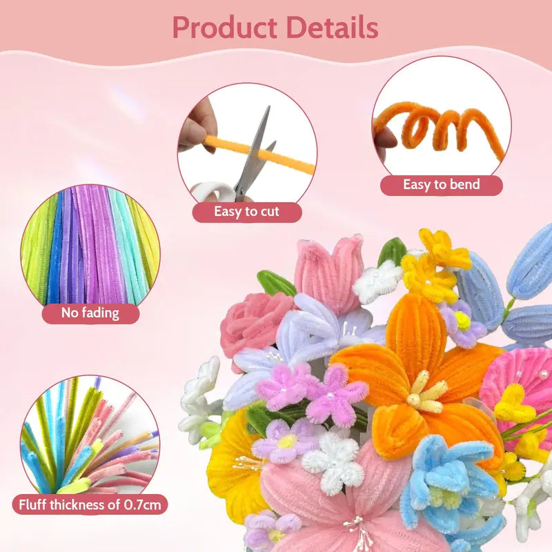 500PCS 20-Color Chenille Stem Pipe Cleaner DIY Fake Flower Craft Kit with Floral Tape, Wire, Stems & Glue - Craft Supplies for Adults, Decor for DIY Bouquet Arrangement, Decoration Bouquet Projects