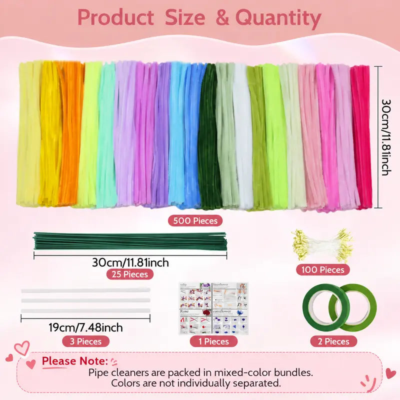 500PCS 20-Color Chenille Stem Pipe Cleaner DIY Fake Flower Craft Kit with Floral Tape, Wire, Stems & Glue - Craft Supplies for Adults, Decor for DIY Bouquet Arrangement, Decoration Bouquet Projects
