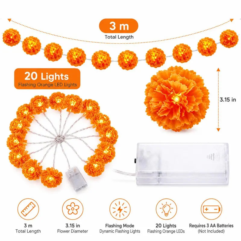 3M Battery-Powered Orange Cempasuchil (Mexican Marigold) Flower LED String Lights, 20-Flashing Garland Great for Day of the Dead Altars, Fall Decor Home, Porch Decor