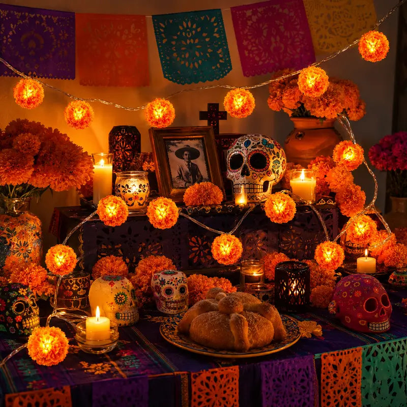 3M Battery-Powered Orange Cempasuchil (Mexican Marigold) Flower LED String Lights, 20-Flashing Garland Great for Day of the Dead Altars, Fall Decor Home, Porch Decor
