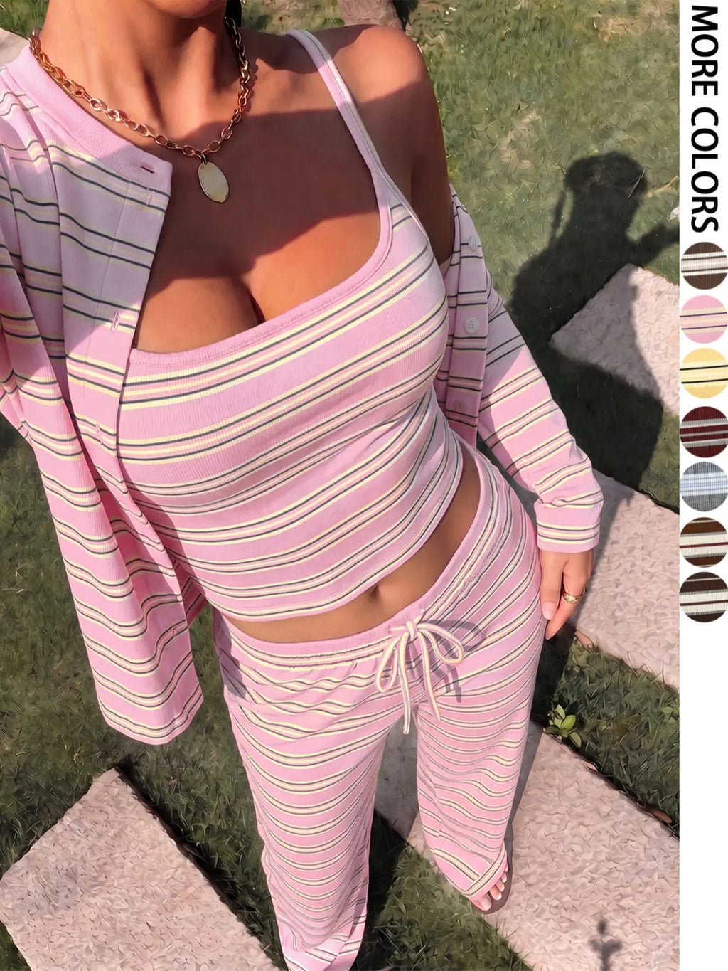 Striped Three-Piece Set, Tank Top Cardigan Wide Leg Pants, Y2K Home Wear, Casual Vacation Set, Street Style Women'S Ensemble, Trend