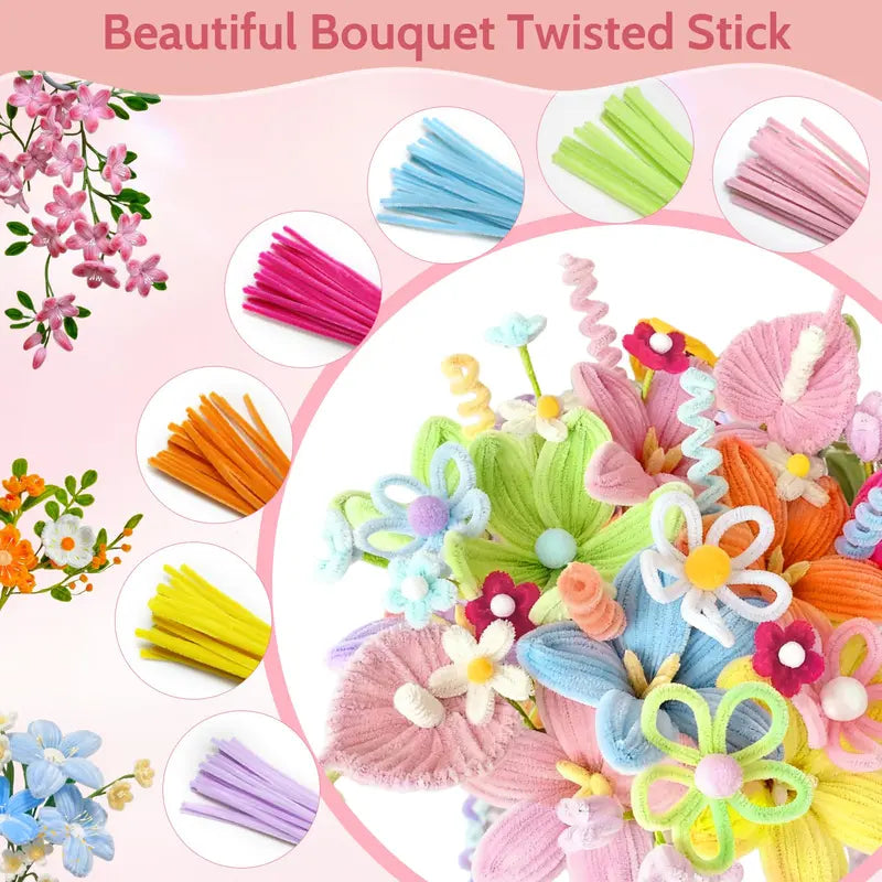 500PCS 20-Color Chenille Stem Pipe Cleaner DIY Fake Flower Craft Kit with Floral Tape, Wire, Stems & Glue - Craft Supplies for Adults, Decor for DIY Bouquet Arrangement, Decoration Bouquet Projects