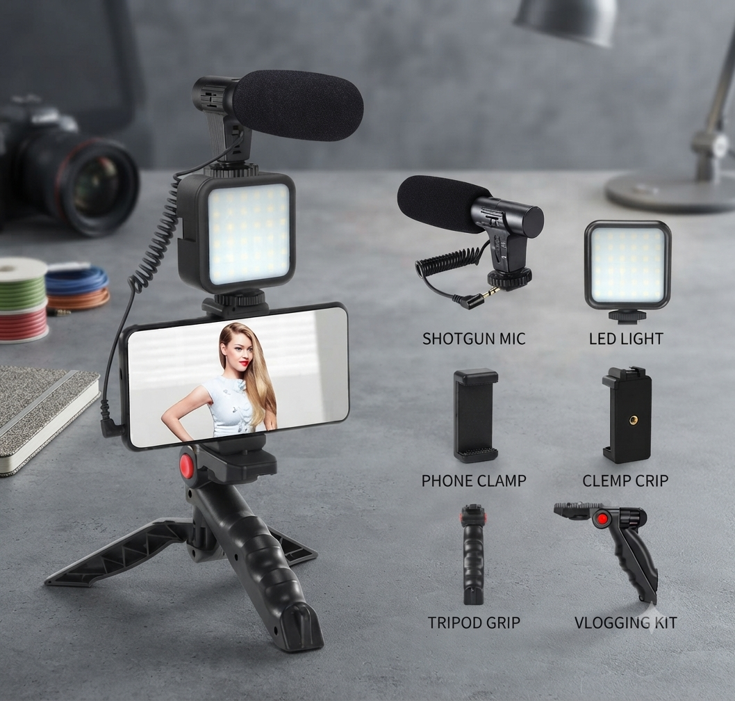 Vlogging Kit Shotgun Microphone with LED Light and Tripod