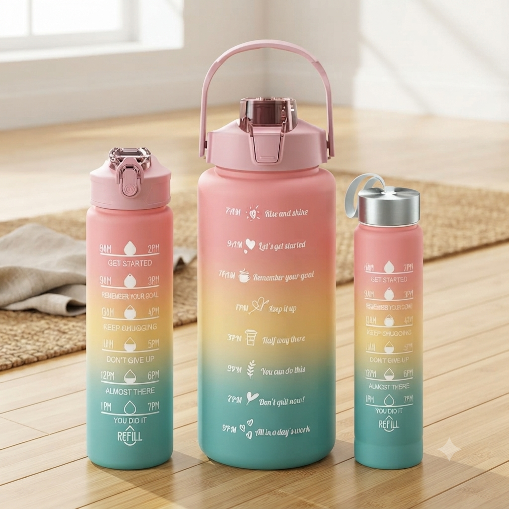 Motivational Time Marker Water Bottle Set 3 Pieces
