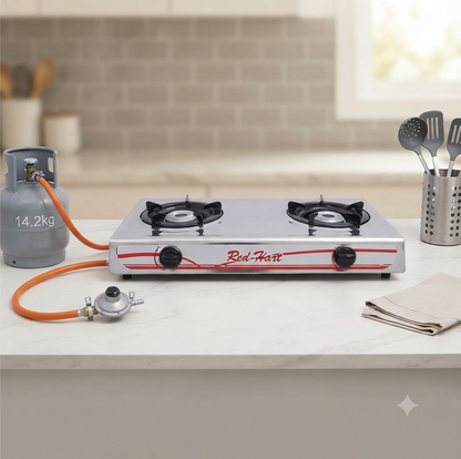 2-Burner Stainless Steel Gas Stove with Hose and Regulator