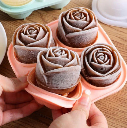 4-Cavity Silicone Rose Shaped Ice Cube Tray with Lid
