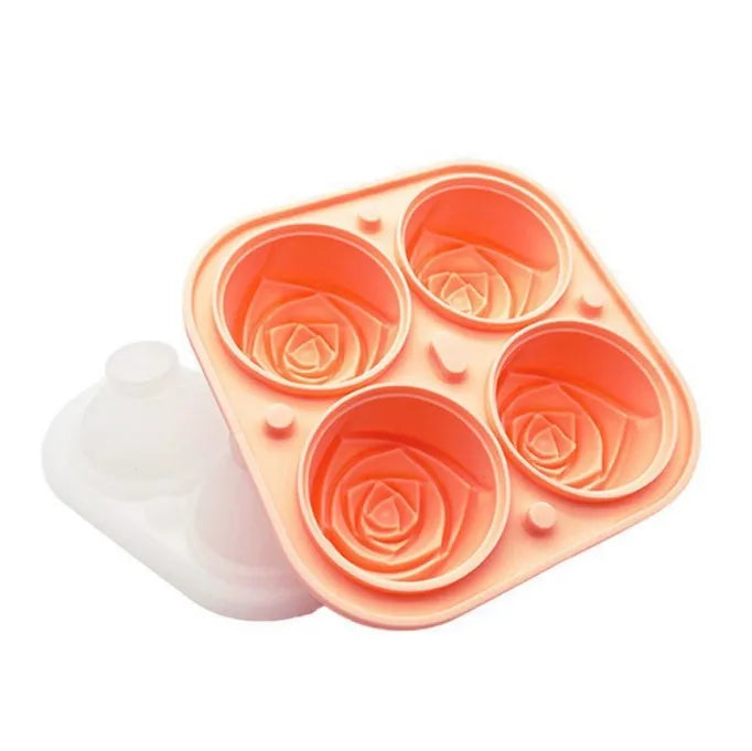 4-Cavity Silicone Rose Shaped Ice Cube Tray with Lid