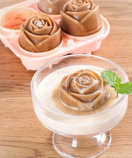 4-Cavity Silicone Rose Shaped Ice Cube Tray with Lid
