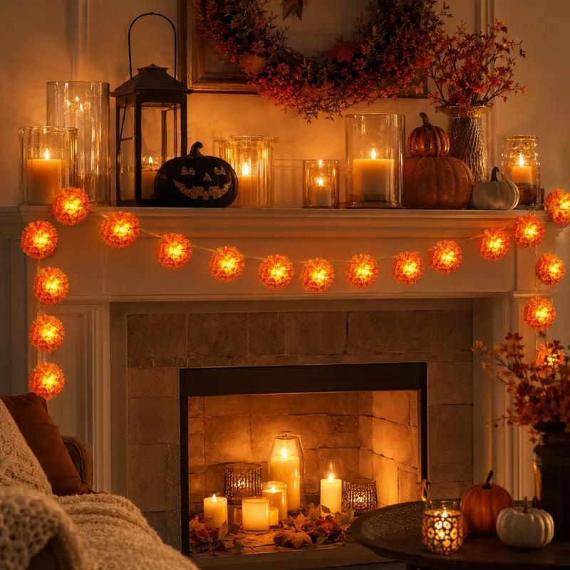 3M Battery-Powered Orange Cempasuchil (Mexican Marigold) Flower LED String Lights, 20-Flashing Garland Great for Day of the Dead Altars, Fall Decor Home, Porch Decor