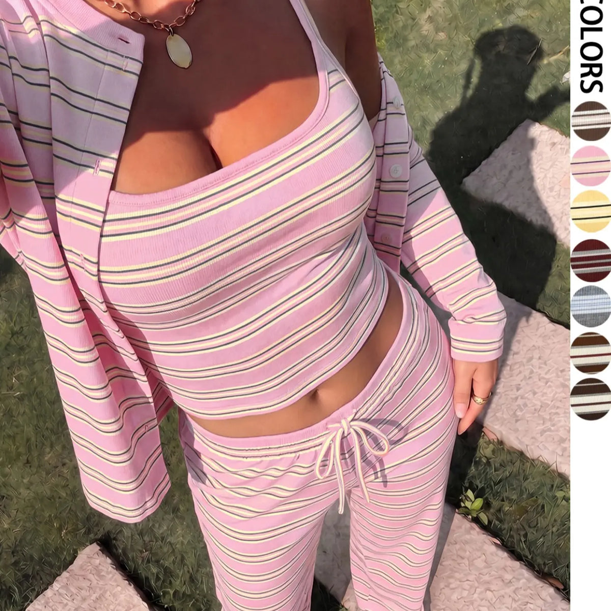 Striped Three-Piece Set, Tank Top Cardigan Wide Leg Pants, Y2K Home Wear, Casual Vacation Set, Street Style Women'S Ensemble, Trend