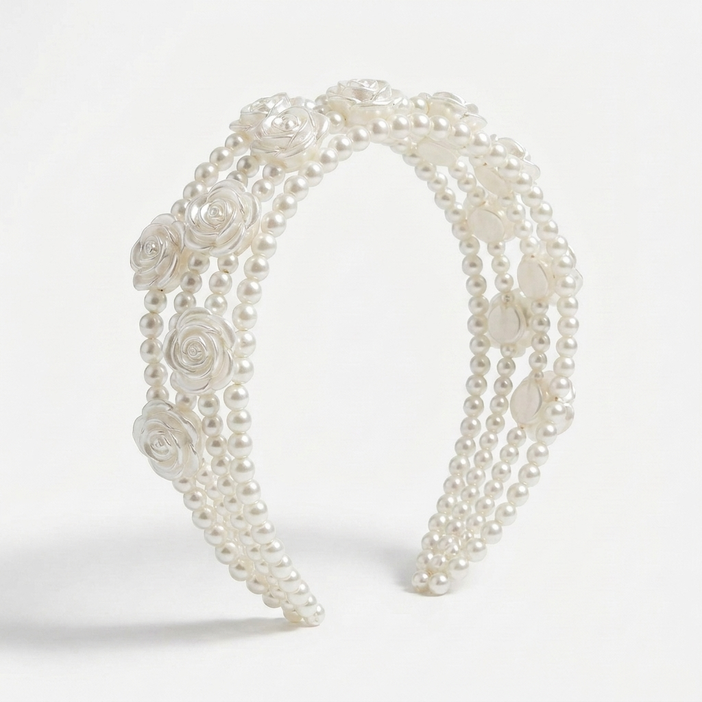 Multi-Row Pearl Rose Layered Headband for Women