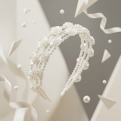 Multi-Row Pearl Rose Layered Headband for Women